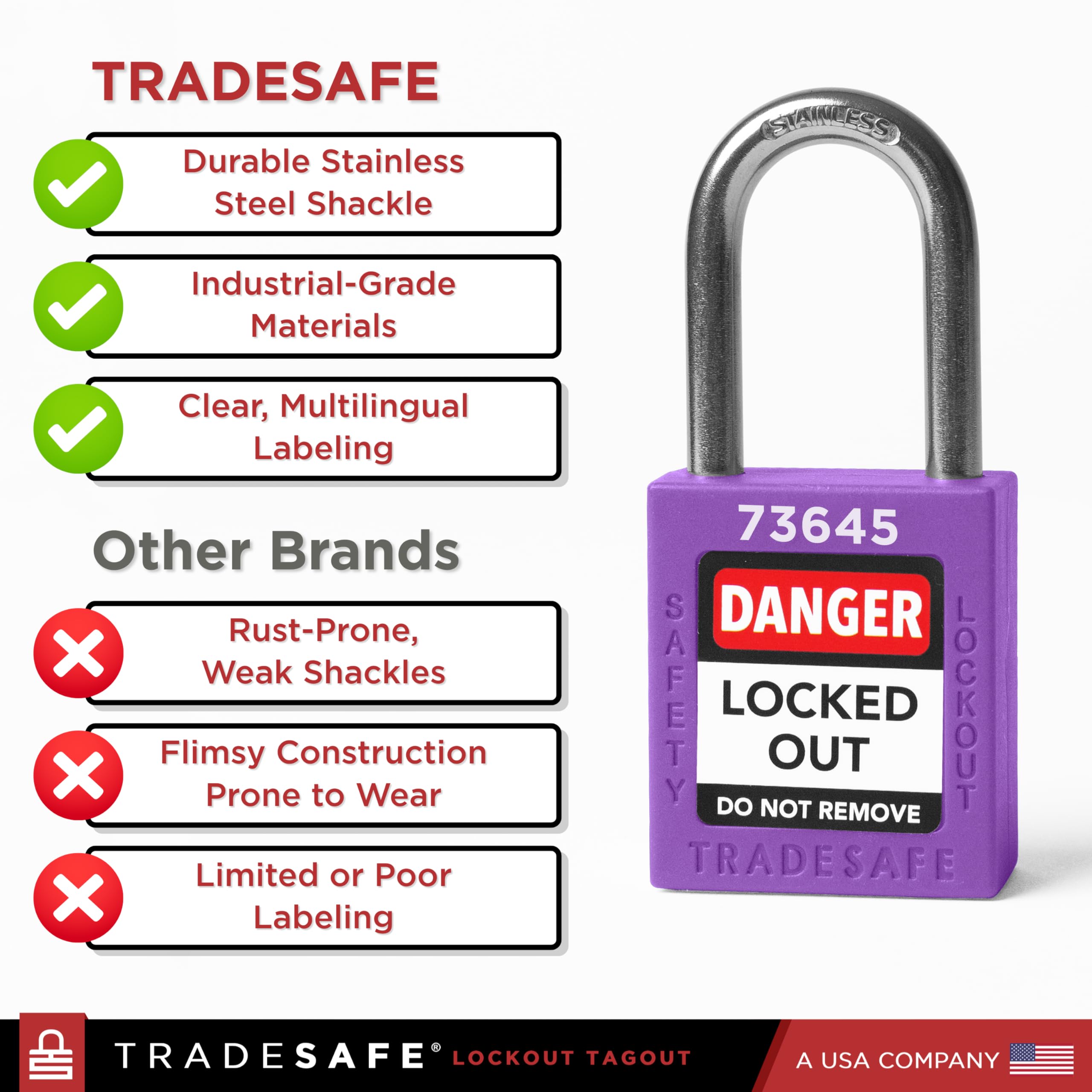 TRADESAFE Juego de cerraduras de bloqueo – 10 cerraduras de loto moradas, cerraduras de bloqueo con llave diferente, 2 llaves por cerradura, candados de bloqueo compatibles con OSHA, candados de