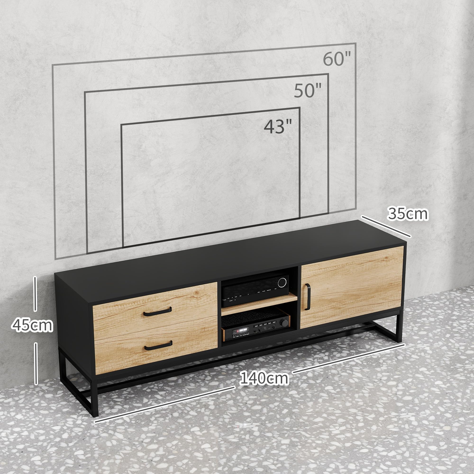 HOMCOM Mobile Porta TV 60" con Armadietto, 2 Cassetti e Ripiani Regolabili, Mobile TV con 2 Aperture Passacavi in Legno per Soggiorno e Salotto, 140x35x45 cm, Legno Naturale e Nero