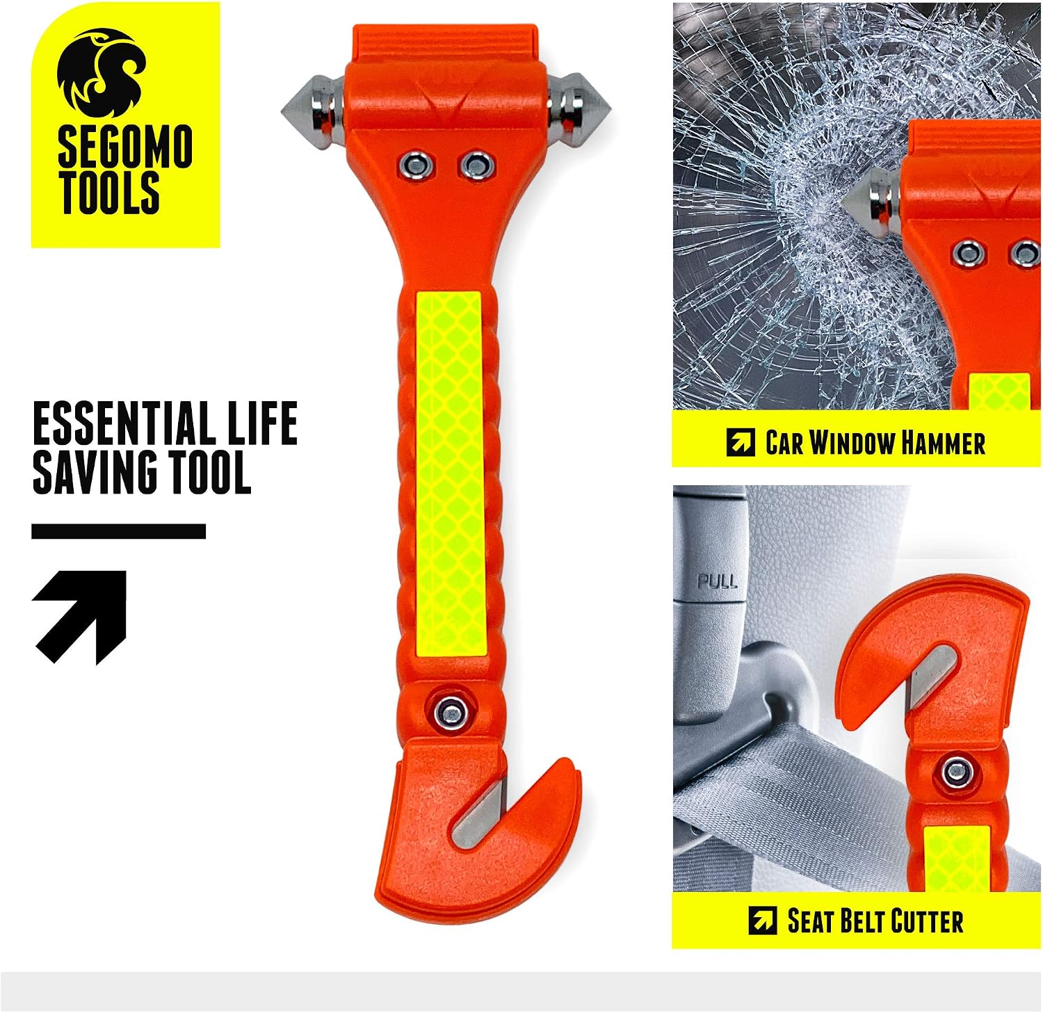 Segomo Tools 4 x Emergency Escape Safety Hammers with Car Window Breaker & Seat Belt Cutter | Car Safety Tool | Seat Belt Cutter and Glass Breaker | Emergency Car Tool - ESH04