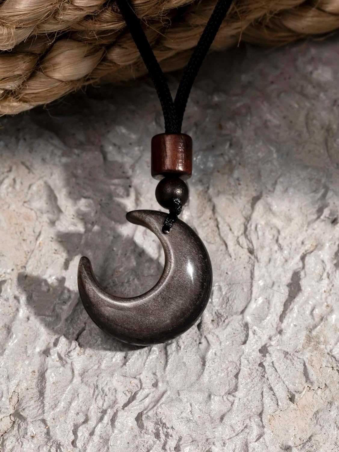 MINACHI Gothic Obsidian Crescent Moon Pendant Necklace with Braided Cord, Goth Celestial Jewelry Gift for Men and womens - Image 3