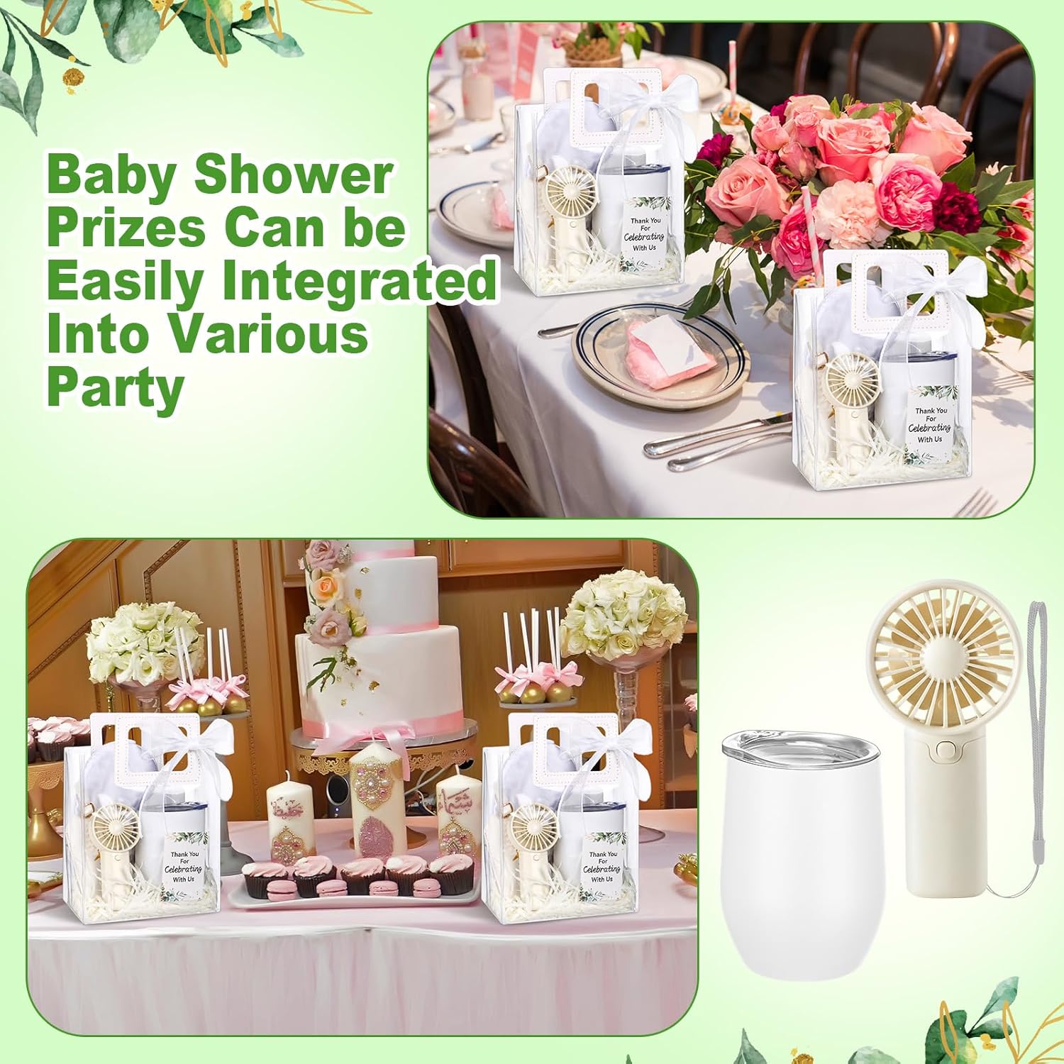 Talltalk 6 Sets Baby Shower Prizes for Game Wedding Bridal Shower Winners Gifts Guest Favors Luggage Tag Handheld Fan Cup Notebooks Silk Eye Mask Ballpoint Pen Card Bags (White)