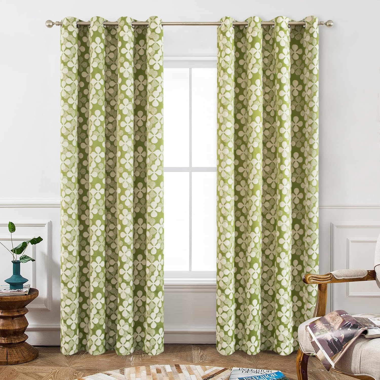 VOGOL Short Grommet Curtains for Bay Window, Sage Green Four-Leaf Clover Pattern Light Filtering Drapes for Dining Room, Faux Linen Privacy Curtain Panels for Office, 2 Packs, 52x63