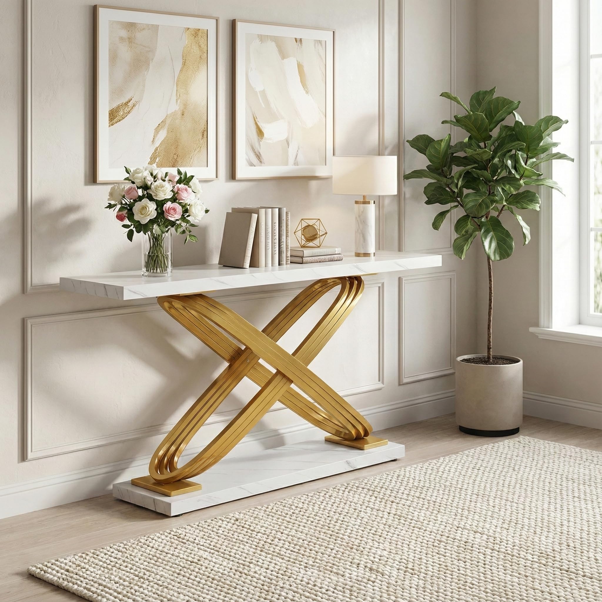 Lailang 80cm Consolle Ingresso, Tavolo Stretto E Lungo, Mobile Ingresso Corridoio, Consolle Ingresso Legno, Mobile Soggiorno Moderno, 80 x 35 x 140 cm, Oro E Bianco