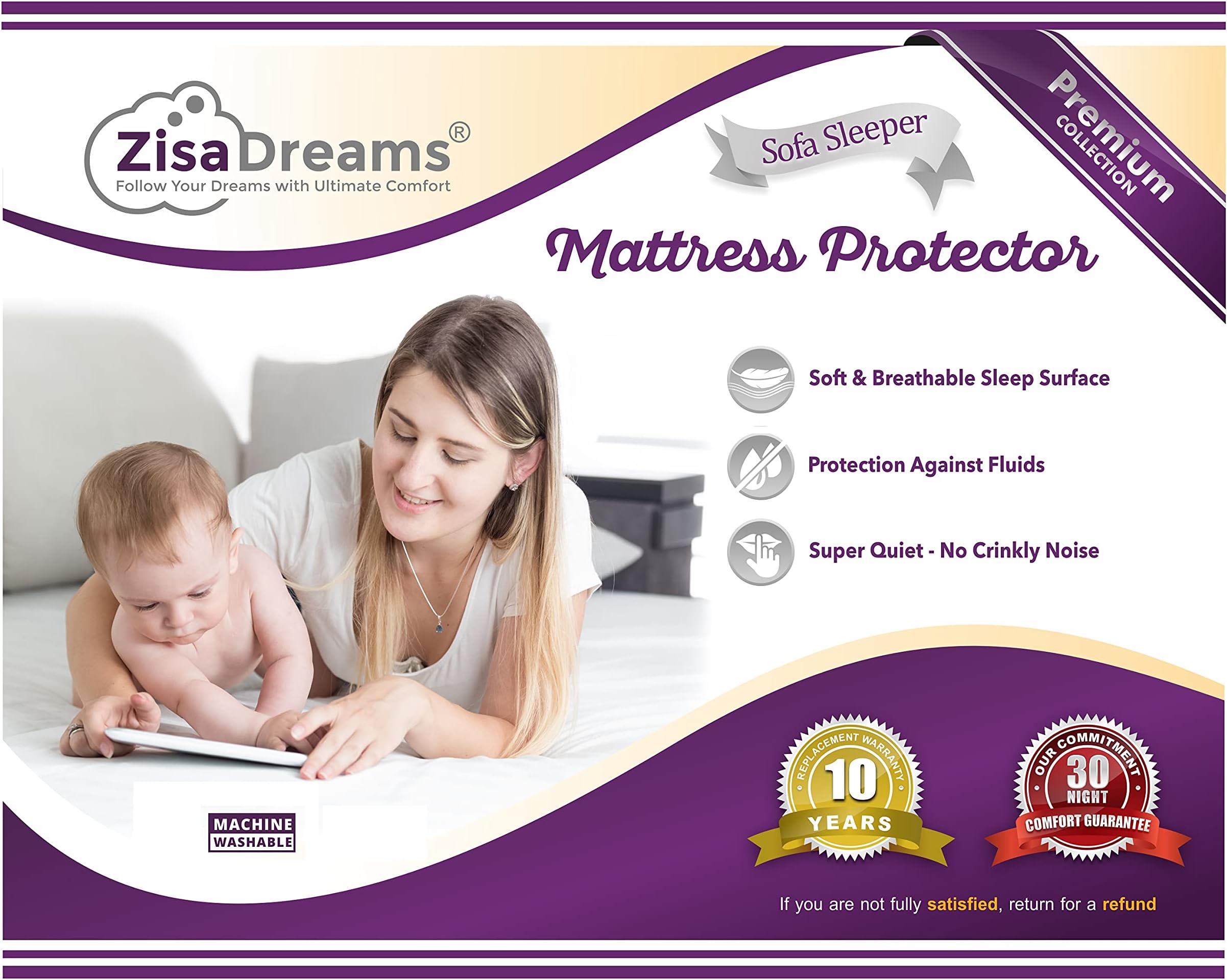 Sleep Factory - Mattress & Sofa Bed Sleeper Protector | Waterproof, Premium 100% Jersey Cotton Top, Cot Size (30x80), 6” Depth, White