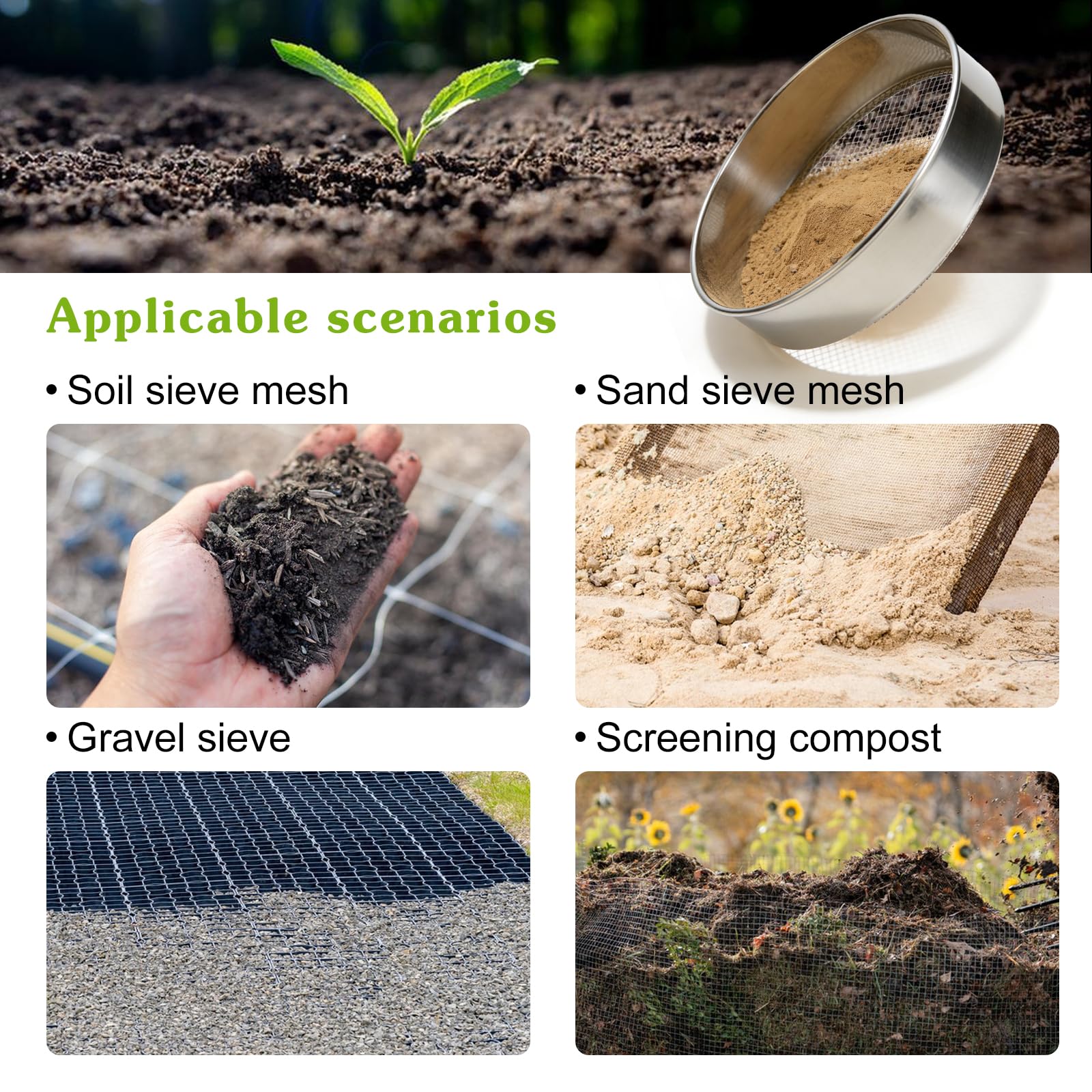 GOMETY Colino da giardino in acciaio inox 5 in 1, colino per compost rotondo, 20 cm, con 5 inserti intercambiabili Ø 3/6/9/10/12 mm, filtro per terra per compost di terra, con paletta da giardino e