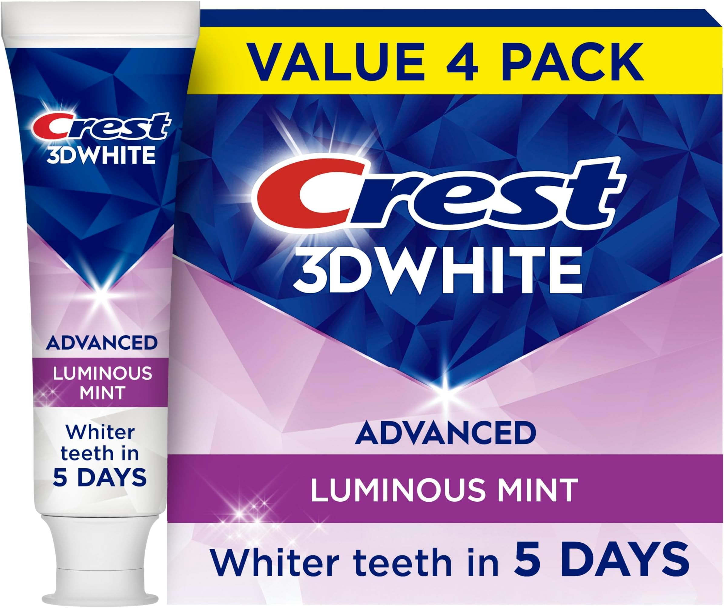 Crest 3D White Advanced Toothpaste, Luminous Mint, Whiter Teeth in 5 Days, Enamel Safe Fluoride Toothpaste for Cavity Protection and Stain Removal, 3.7 Ounce (Pack of 24)