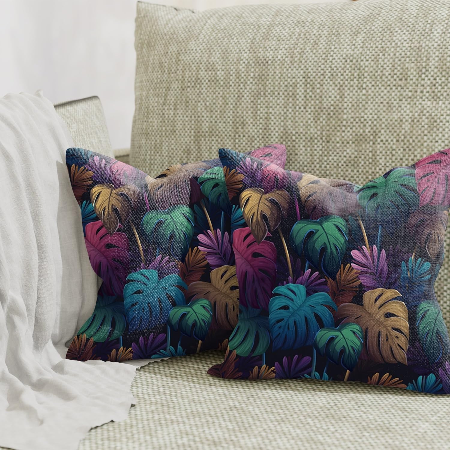 ggaimwf Set of 2 Cushion Covers Leaf Linen Look Throws Pillows Cases Hawaiian Tropical Palm Leaf Square Soft Light Cushions Decorative Pillowcases for Sofa Bedroom Living Room Home Decorations 40x40cm - Image 4