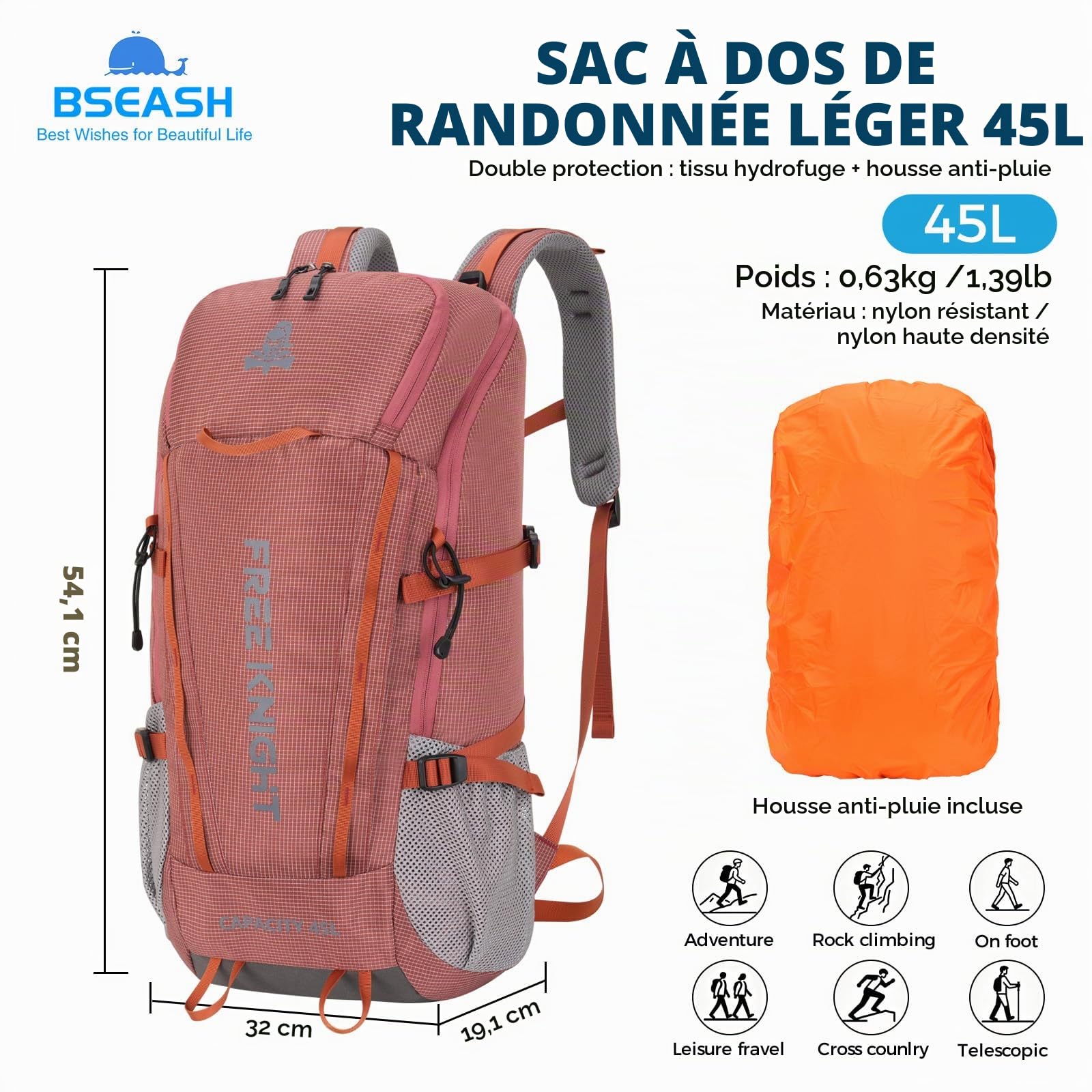 Bseash Sac à dos imperméable de 45 L avec housse de pluie, sac à dos de voyage pour escalade, ski, cyclisme