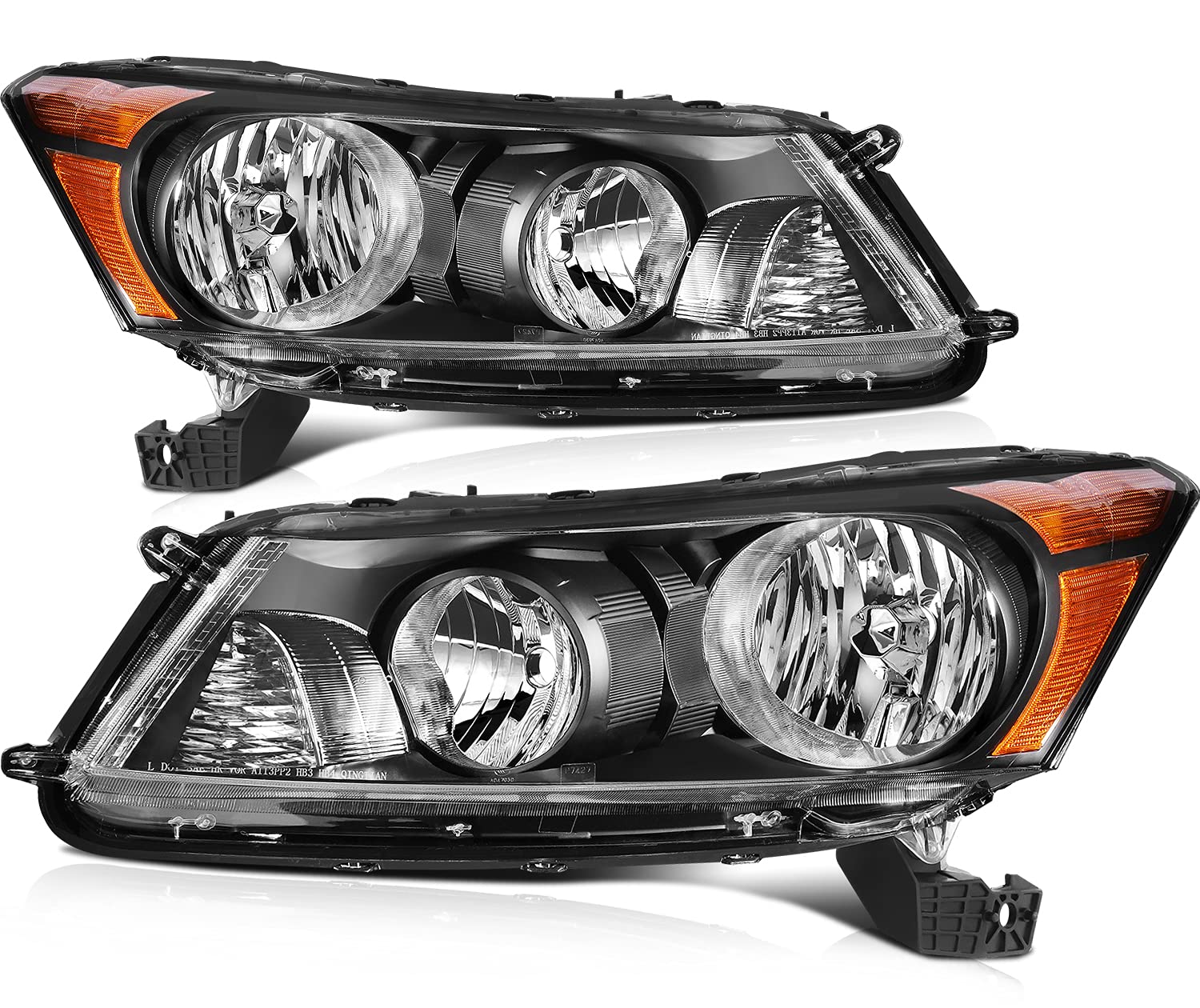 cciyu Headlight Assembly For Honda For Accord Sedan 4Dr 2008-2012 Black Housing Amber Reflector Clear Lens Headlamps