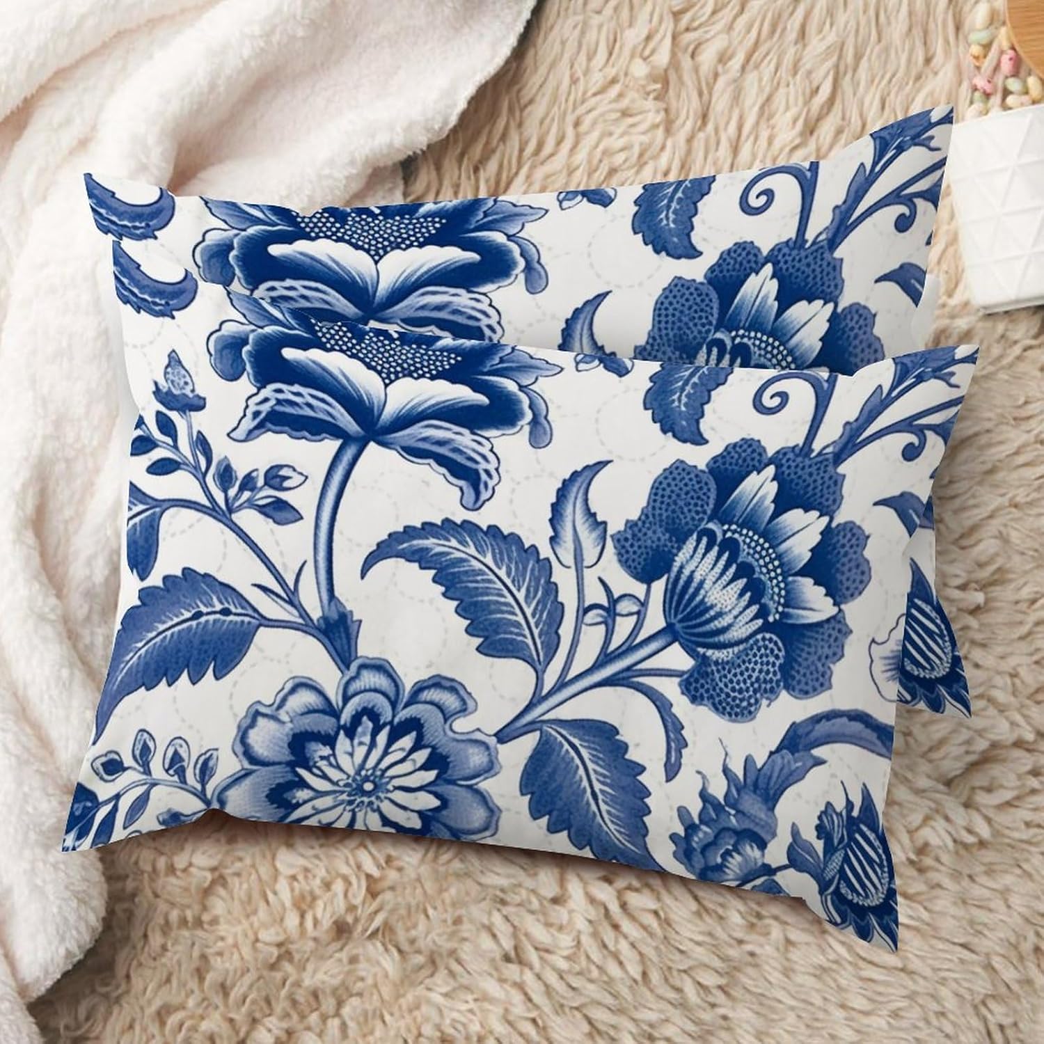 Blue and Ivory Indigo Floral Throw Pillow Cover Set of 2 Asian Chinoiserie Rectangular Cushion Cover 20x30in Decorative Pillow Home Cotton Linen Chic Pillow Cover for Sofa Couch Patio Car