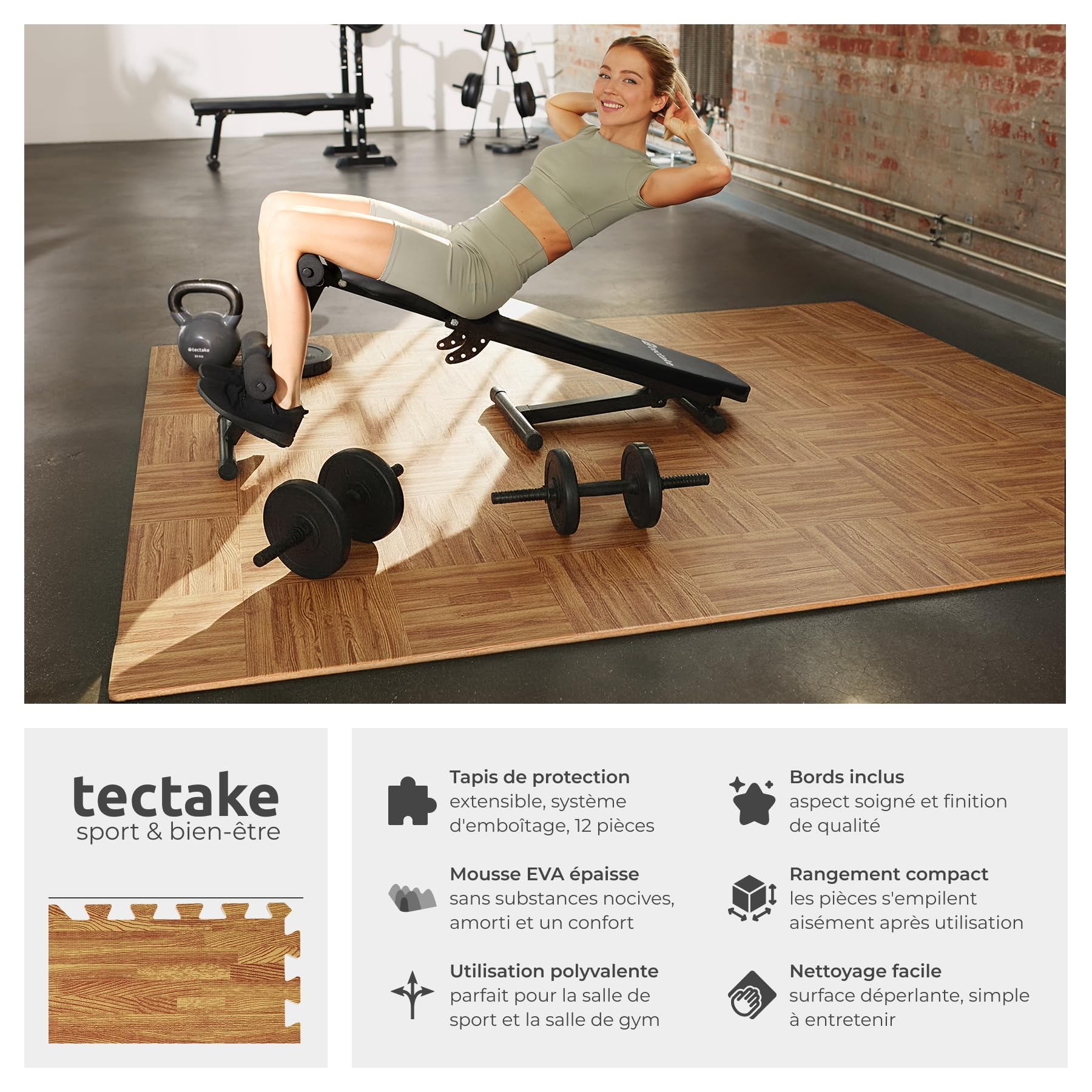 tectake® Tapis de sport, 12 dalles mousse 61 x 61 x 1 cm, Mousse EVA, Tapis de gym, Isolant thermique et acoustique, Musculation, Fitness, Gym, Yoga, Sol salle de sport Dalle garage Tatami, Effet bois