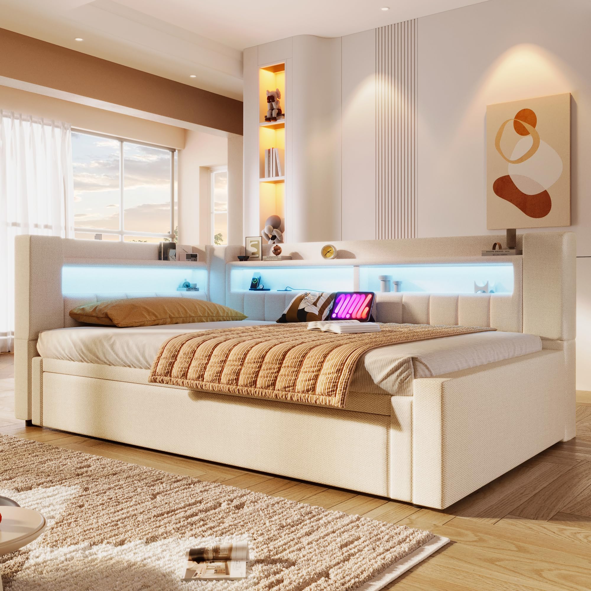 Polsterbett 90/180 x 200 mit LED und USB, Ausziehbares Schlafsofa, Daybett mit Ausziehbett, Sofabett Tagesbett Jugendbett Bettgestell, Leinen, Ohne Matratze, Beige