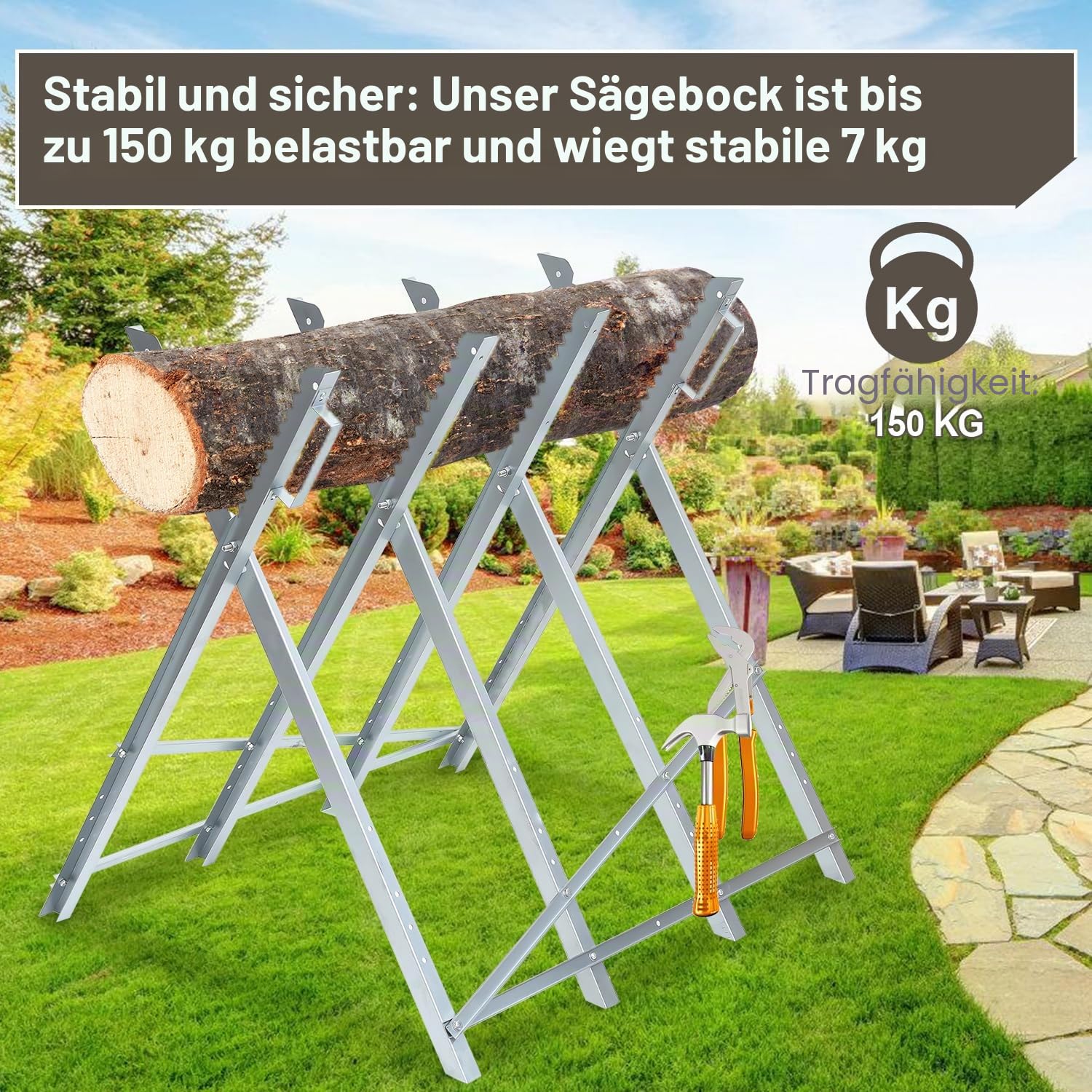 sägebock für kettensägen, stabiler sägebock klappbar aus verzinktem Metall, sägebock holz bis 150 kg, sägebock für kettensäge mit Zahnhaltern, faltbarer Holzsägebock 80 cm Arbeitshöhe