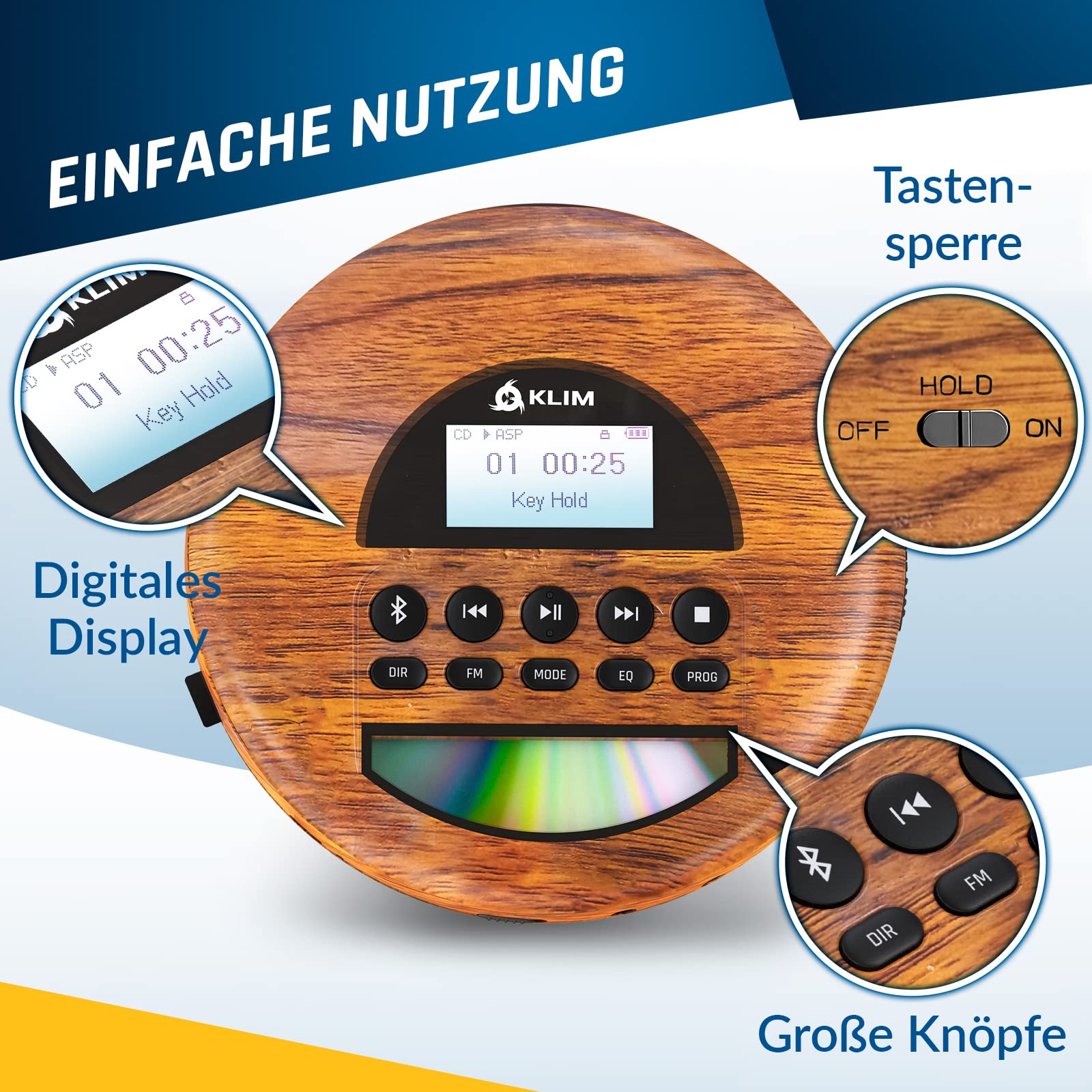 KLIM Nomad Wood – Neuheit – tragbarer CD-Player – integrierter Akku mit langer Lebensdauer – Kopfhörer KLIM Fusion, MP3, TF-Player, tragbares Mini-Radio, Bluetooth – für das Auto