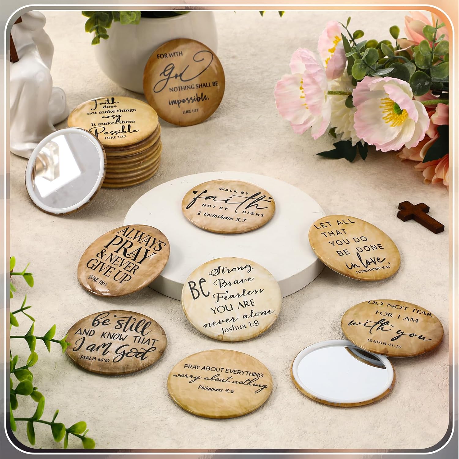 GlikCeil 108 Pcs Mini Christian Compact Mirrors for Women Mothers Day Church Gifts Retro Inspirational Bible Verse Pocket Makeup Mirrors Religious Gift for First Communion Church Baptism Party Favors