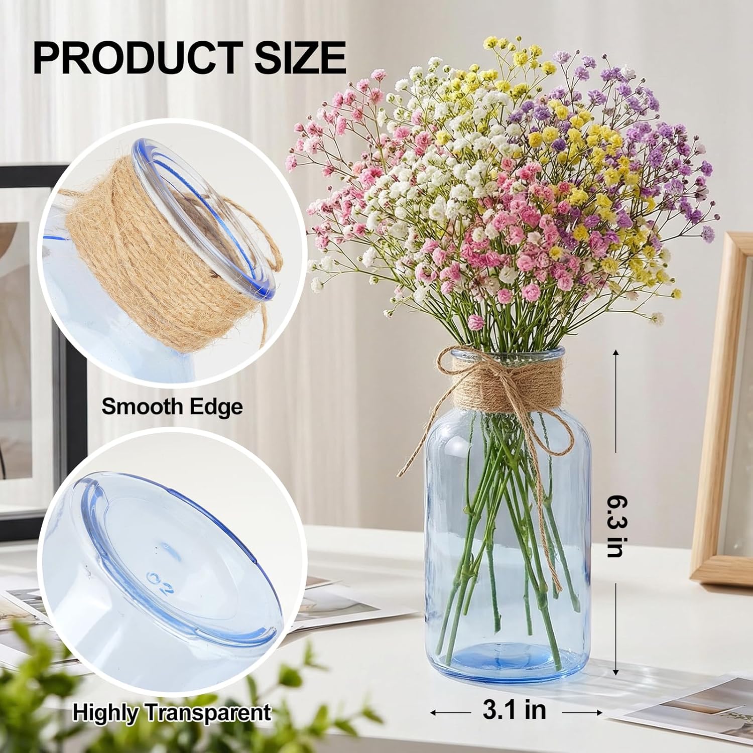 Mason Jars for Centerpiece, 6 Pack Vintage Farmhouse Glass Flower Vase Blue Bud Vases Bulk for Weddings, Parties& Home Decor