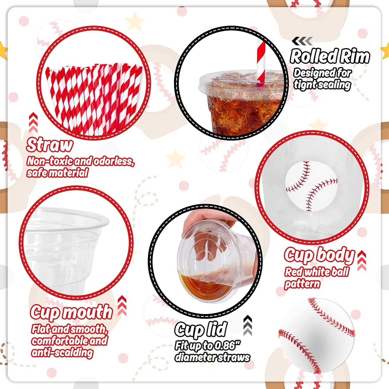 Whaline 50 Pcs Baseball Disposable Plastic Cups with Lids and Straws Red White Ball Cold Beverage Drinking Cups for Sports Theme Baseball Game Party Supplies