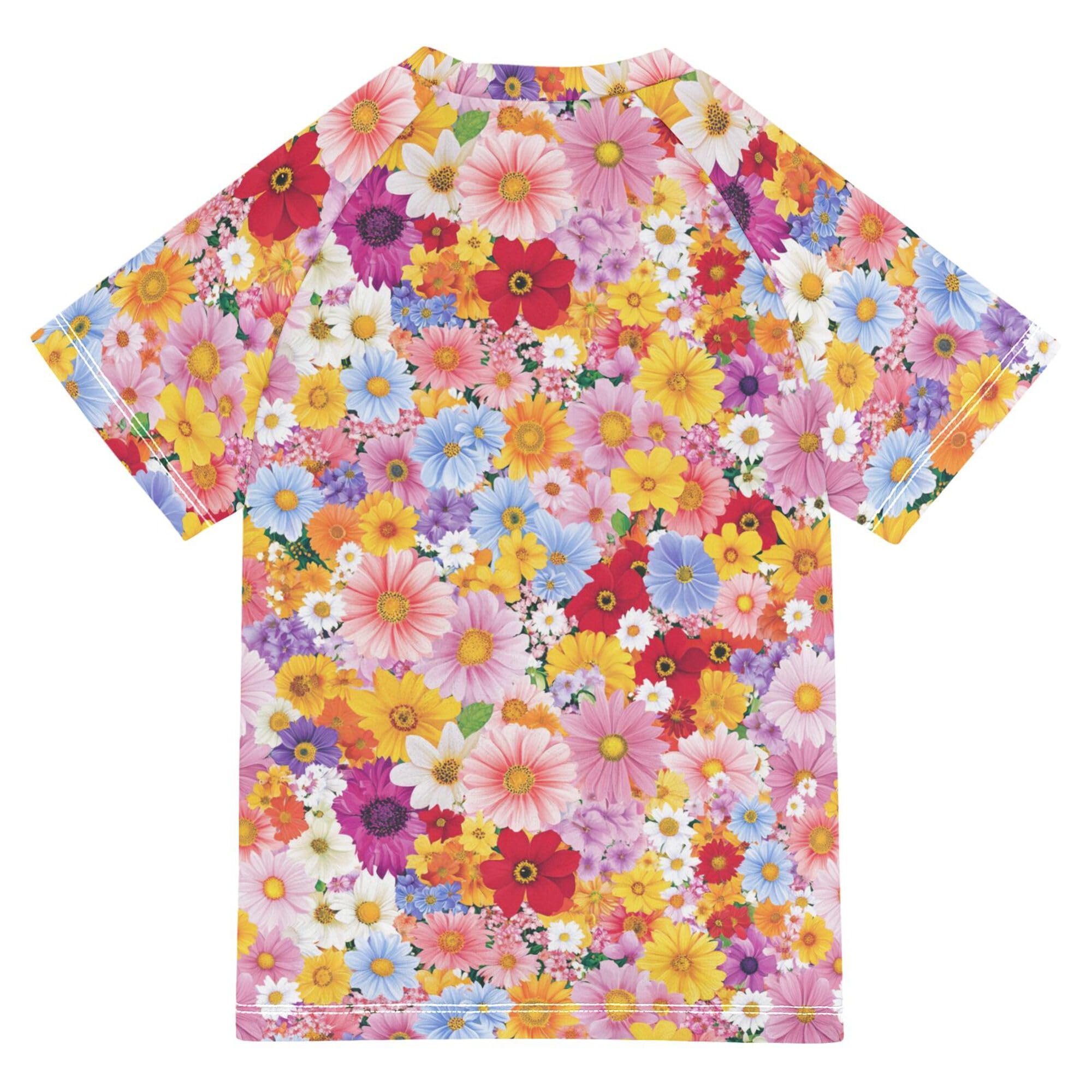 Spring Colorful Flowers Girl Bathing Suit UV Protection Athletic Shirt Swimwear Beach Tops 3T