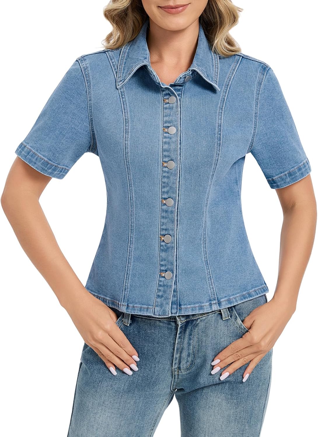 LifeShe Womens Short Sleeve Denim Jacket Slim Fitted Stretchy Jean Jacket Cropped Button Down Jean Shirt