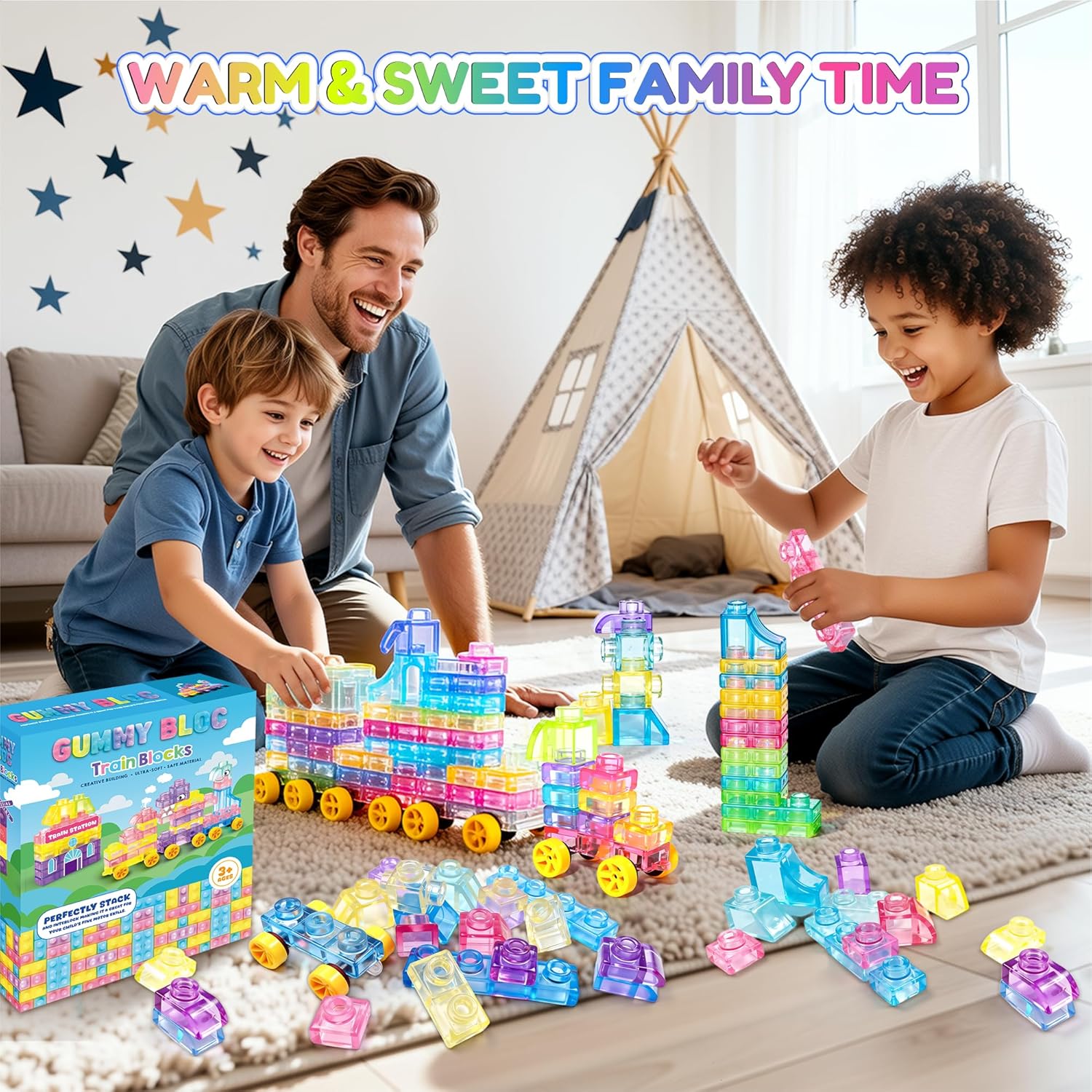 Soft Train Building Blocks with Wheels, 42 PCS Montessori Sensory Stacking Blocks, Toddler Learning Toy with Station, Squeezable, Stretchable & Stackable Tactile Toys, Preschool Creative Play for Kids