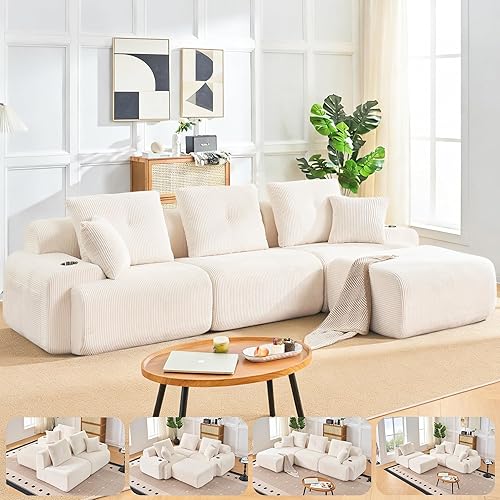 118" Modular Sectional Sofa with Cup Holders, Modern Boneless Sectional Couch with Side Storage Pockets and Movable Ottoman, Oversized L-Shape Couch for Living Room Bedroom, Apartments, White