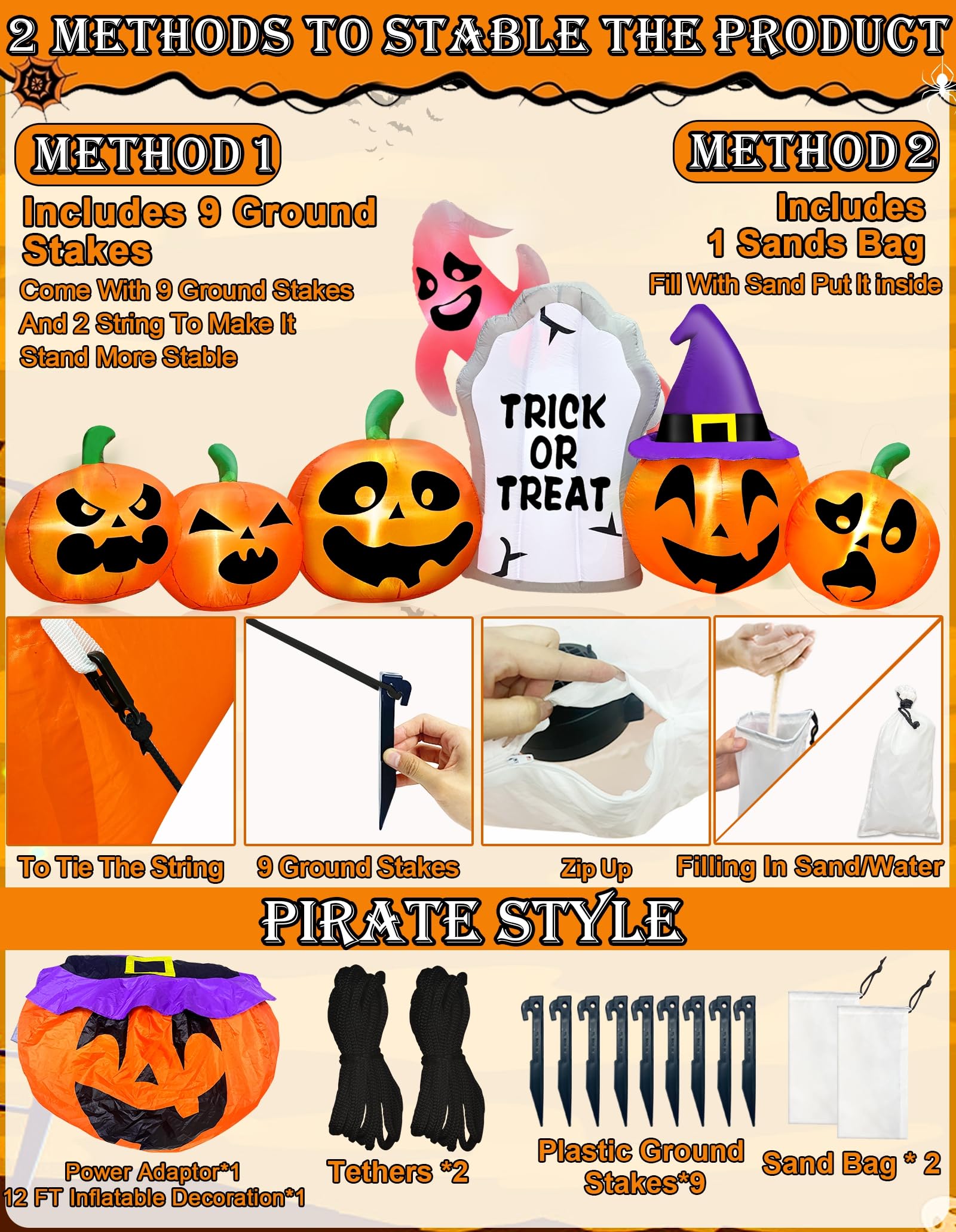 [ Extra Long ] 12 Ft Halloween Inflatables Outdoor Decorations Pumpkin,Ghost Tombstone Witch Blow Up Pumpkin with Build-in LEDs,Halloween Inflatables for Front Yard, Porch, Lawn or Halloween Party