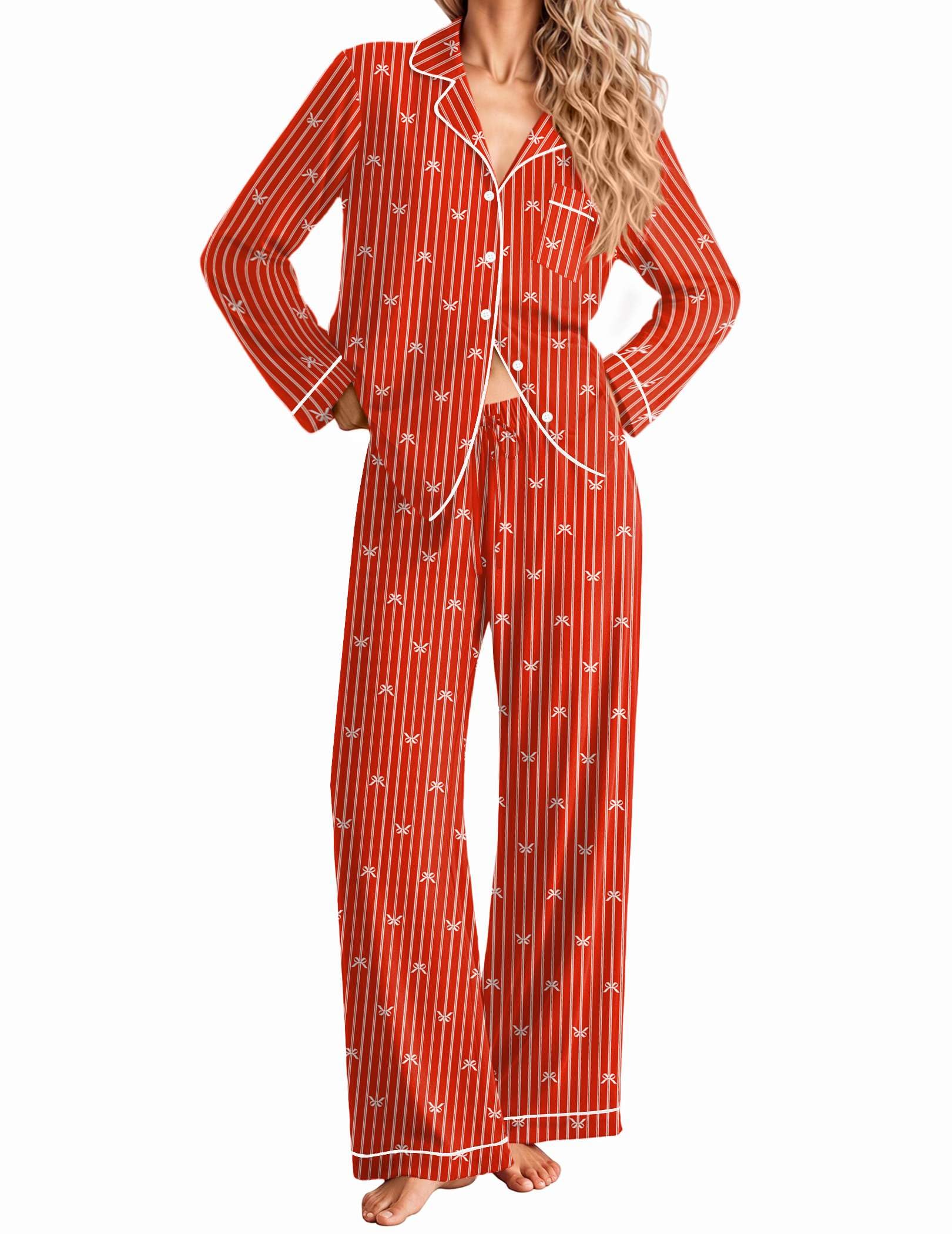 Ekouaer Women Christmas Pajama Long Sleeve Button Up Loungewear Striped Pjs | Notch Collar, Chest Pocket, Elastic Waistband with Drawstring, Fall Winter Pajamas Set, 2 Piece Lounge Sets, Soft Sleepwea
