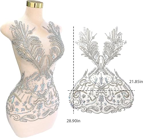 Miniatura 5 de Grandes parches de cristal con cuentas hechas a mano con diseños de apliques de diamantes de imitación para vestido formal de baile (L18-silverAB)