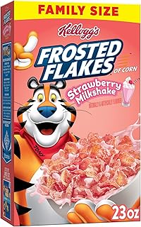 Kellogg's Frosted Flakes Cold Breakfast Cereal, 8 Vitamins and Minerals, Kids Snacks, Family Size, Strawberry Milkshake, 23oz Box (1 Box)