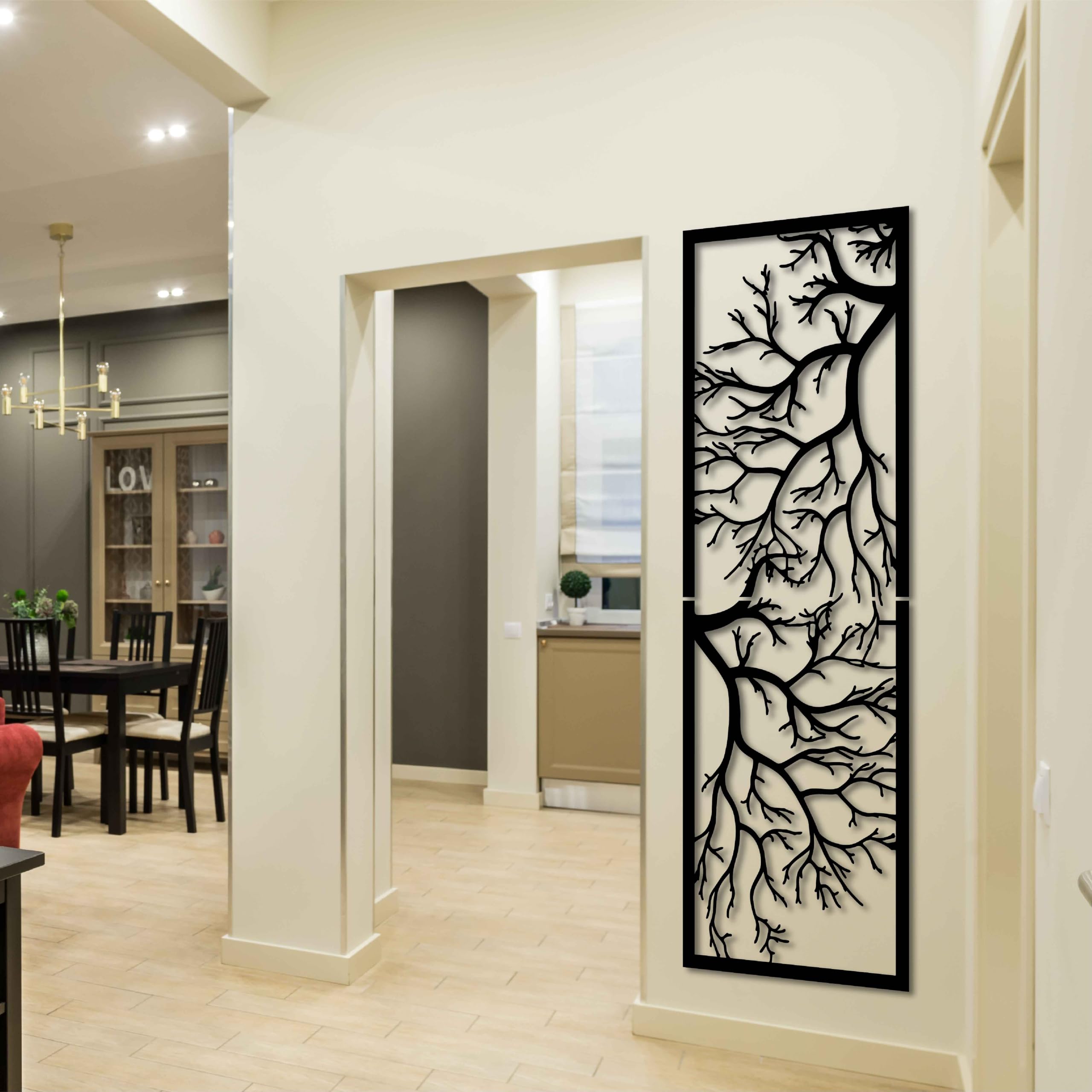 KAWA METALWORKS Arte de Pared Vertical de Árbol para Interior y Exterior, Gran Decoración de Pared de Metal para Sala de Estar