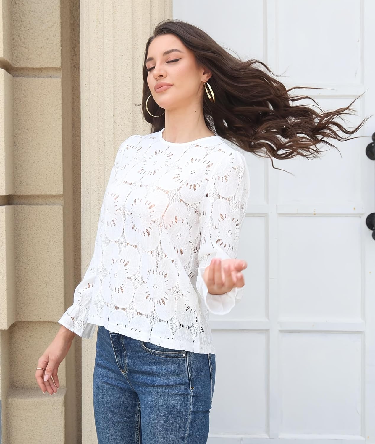 Embroidered Boho Corchet Long Sleeve Lace Tops Cotton Eyelet Trendy Blouses for Women Dressy Casual - Image 5