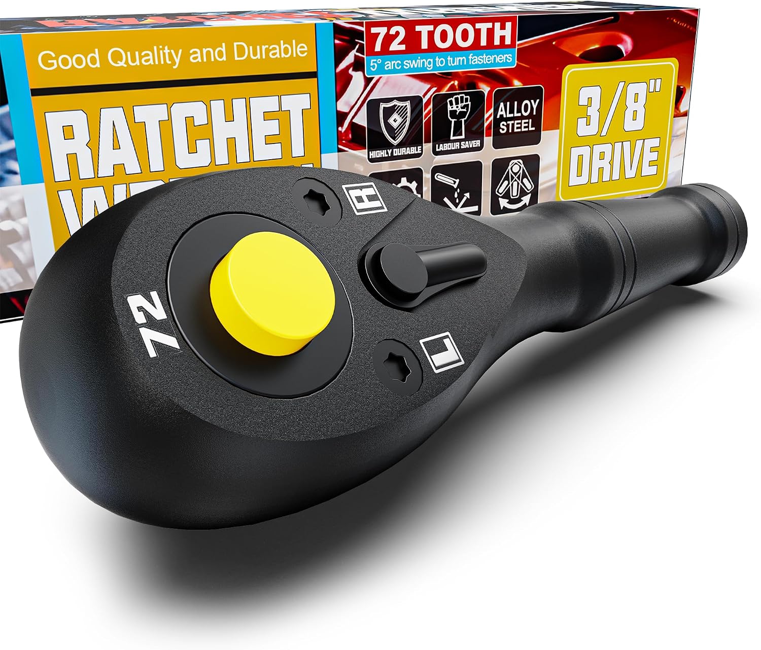 3/8" Drive Stubby Ratchet, 72-Tooth mini Ratchet Handle, 10.5 cm Quick Release Reversible Socket Wrench, CR-V Steel, Automotive Repair, Home Improvement and Mechanical Work