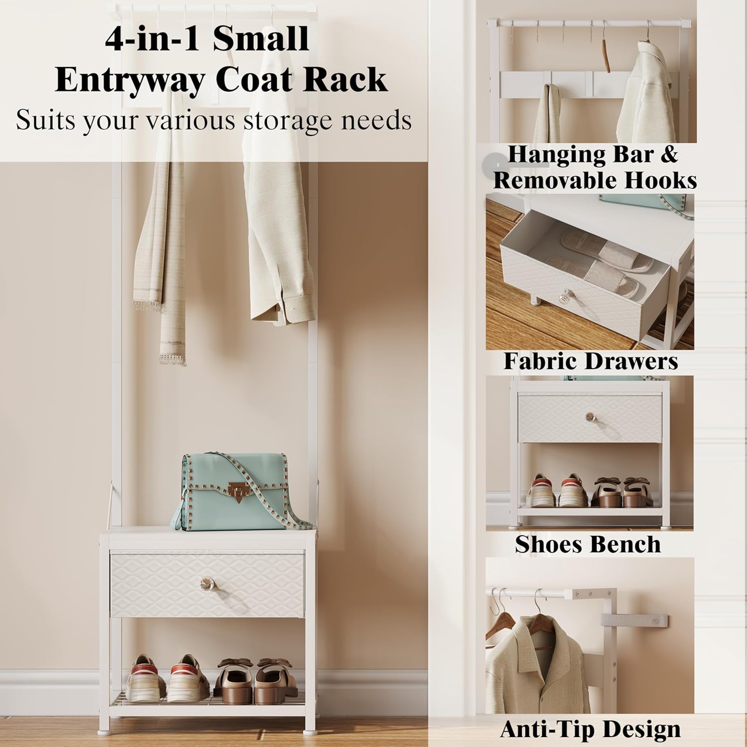LUMTOK Hall Tree with Shoes Bench, Small Coat Rack with Fabirc Drawer and Shelf for Bedroom, 4-in-1 Entryway Organizer with Shoes Stool for Living Room, Entryway, Closets (Rustic Brown) (White, Small)