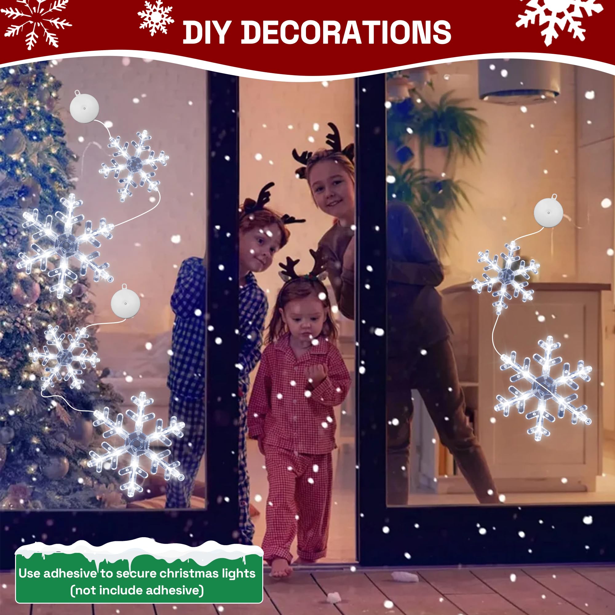 Lot de 3 décorations de fenêtre de Noël en forme de flocon de neige avec ventouse, LED à piles à suspendre pour intérieur ou extérieur