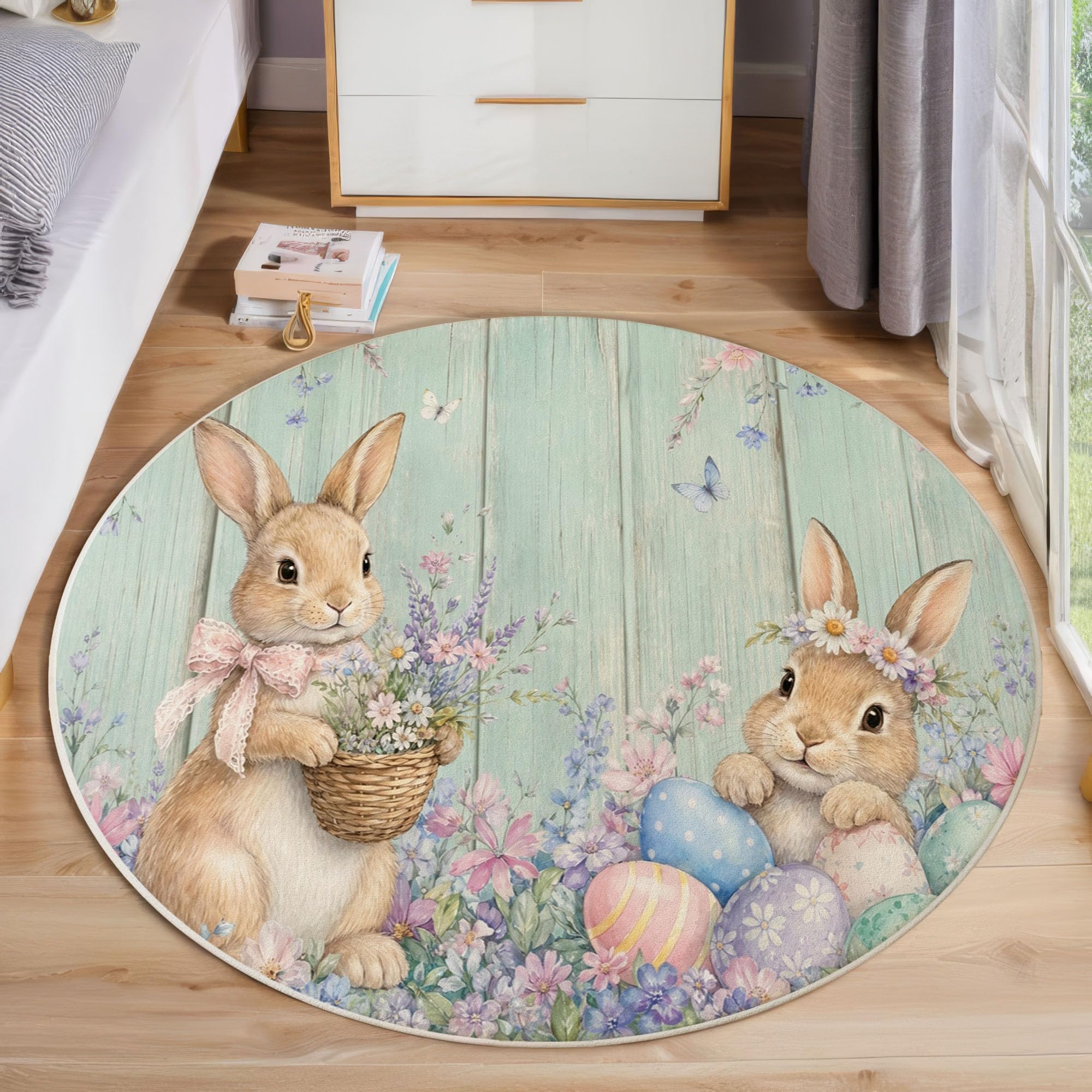 Alfombra Redonda Antideslizante Acogedora, Estilo Preciosa Acuarela con Estampados Huevo De Pascua De Conejo, para Dormitorio Apartamento Dormitorio, Lavable Pila Baja 160cm
