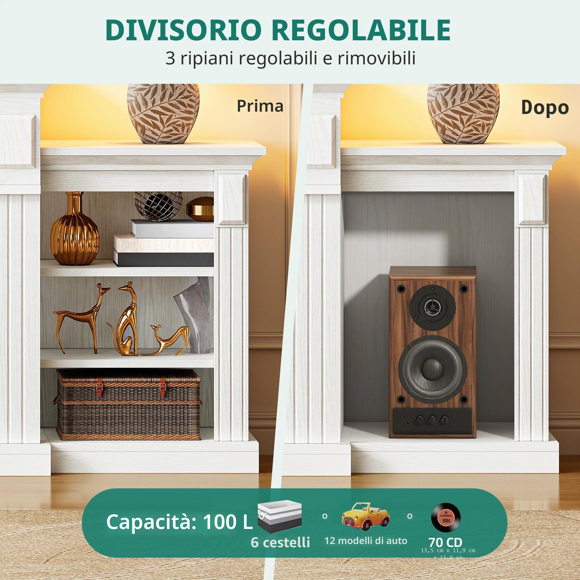 YITAHOME 72" Camino Elettrico, Effetto Fiamma 3D Realistico Mobile TV con Spazio di Archiviazione Aperto, Camino Elettrico da Terra con Timer a Striscia Luminosa a LED e Telecomando