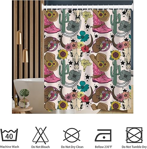 Miniatura 3 de Western Bull - Cortina de ducha de calavera de vaca, cuerno largo, cabeza de calavera, cactus, bohemia negra y dorada, con ganchos, 36 x 72