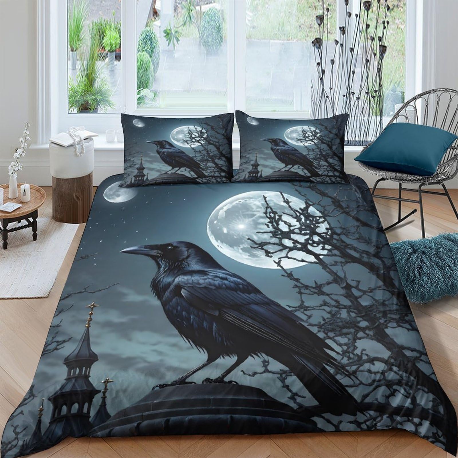 Ctjqhvkz Style-4 3D Printed Moonlit Raven Fitted Sheet Microfiber Black Gothic Night Mattress Cover Bedroom Decor Protector Single（135X200cm）