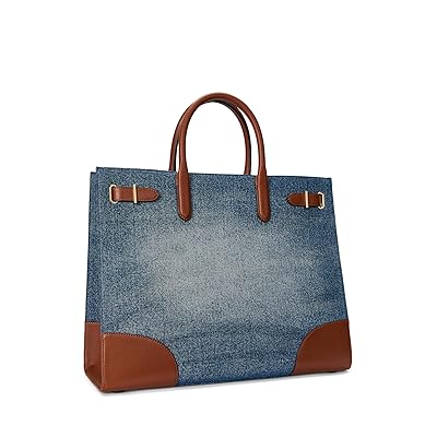 Lauren Ralph Lauren Leather trim Denim Large Devyn Tote Bag Tote Handbags Sunset Indigo Wash/Lauren Tan, Denim/Leather