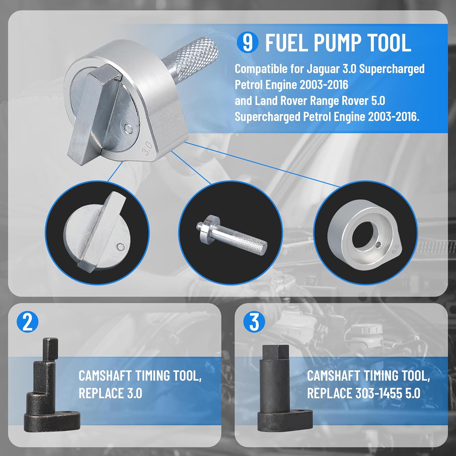 Camshaft Alignment timing Tool Kit Compatible with Jaguar Land Rover Discovery 4 Range Rover Sport V8 5.0L V6 3.0L with Fuel Injector Remover Installer Tool , Compatible with Discovery 3 or 4 3.0T.