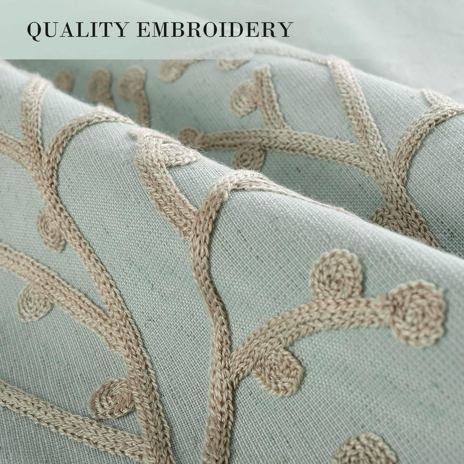 VOGOL Branch Embroidered Faux Linen Curtains, Set of 2 Vintage Style Panels for Living Room Farmhouse, Rod Pocket & Back Tab Room Darkening Window Treatments, 52 x 63, Mint Green