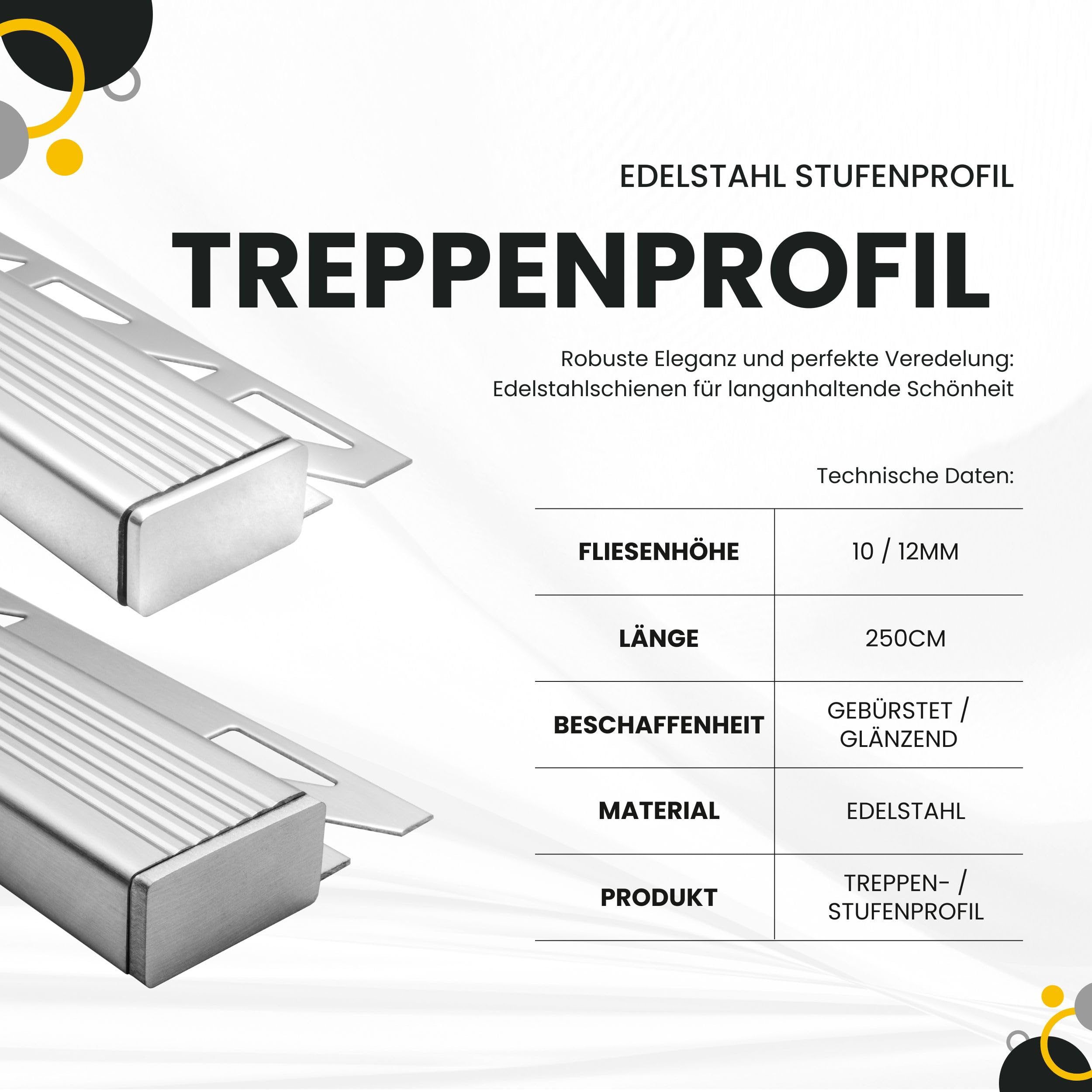 Edelstahl Stufenprofil Fliesenleiste Treppen Schiene 2,5m H12mm Profil gebürstet