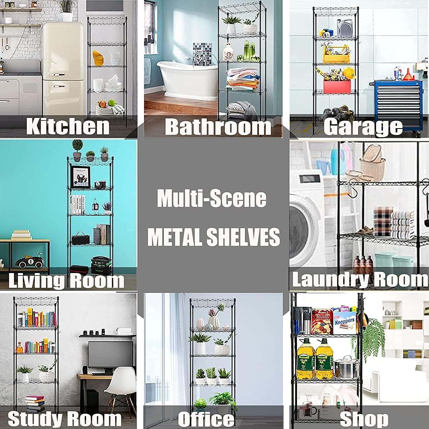 Alishebuy 5-Shelf Heavy Duty Storage Shelving Unit,Tier Wire Adjustable Shelving Utility Commercial Steel Organizer Wire Rack with 4 Hooks for Kitchen Bathroom Office and Garage, Set of 2 (Black)