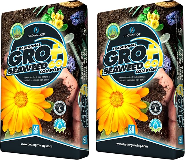 Growmoor 2 x 60L Bags GRO+ Seaweed60 Potting Compost - All Round Compost For Plant Beds, Gardens, Flowers. Food Fungal & Disease Preventatives