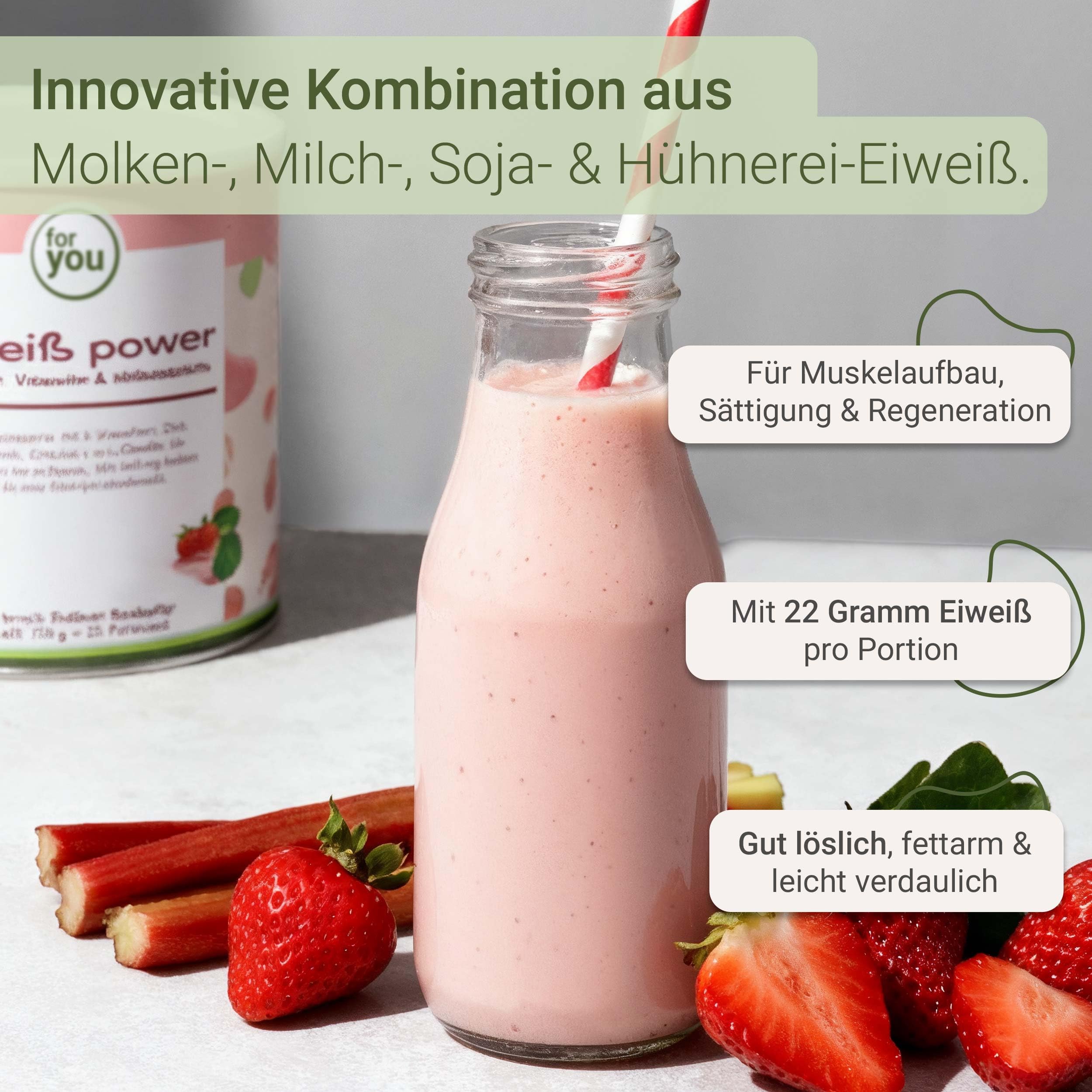 for you Power Eiweiß Erdbeer-Rhabarber 750 g + Gratis Shaker – Mehrkomponenten Eiweißpulver nach Dr. Strunz mit L-Carnitin, Vitaminen & Mineralstoffen | Muskelaufbau & Regeneration | Sehr gut löslich