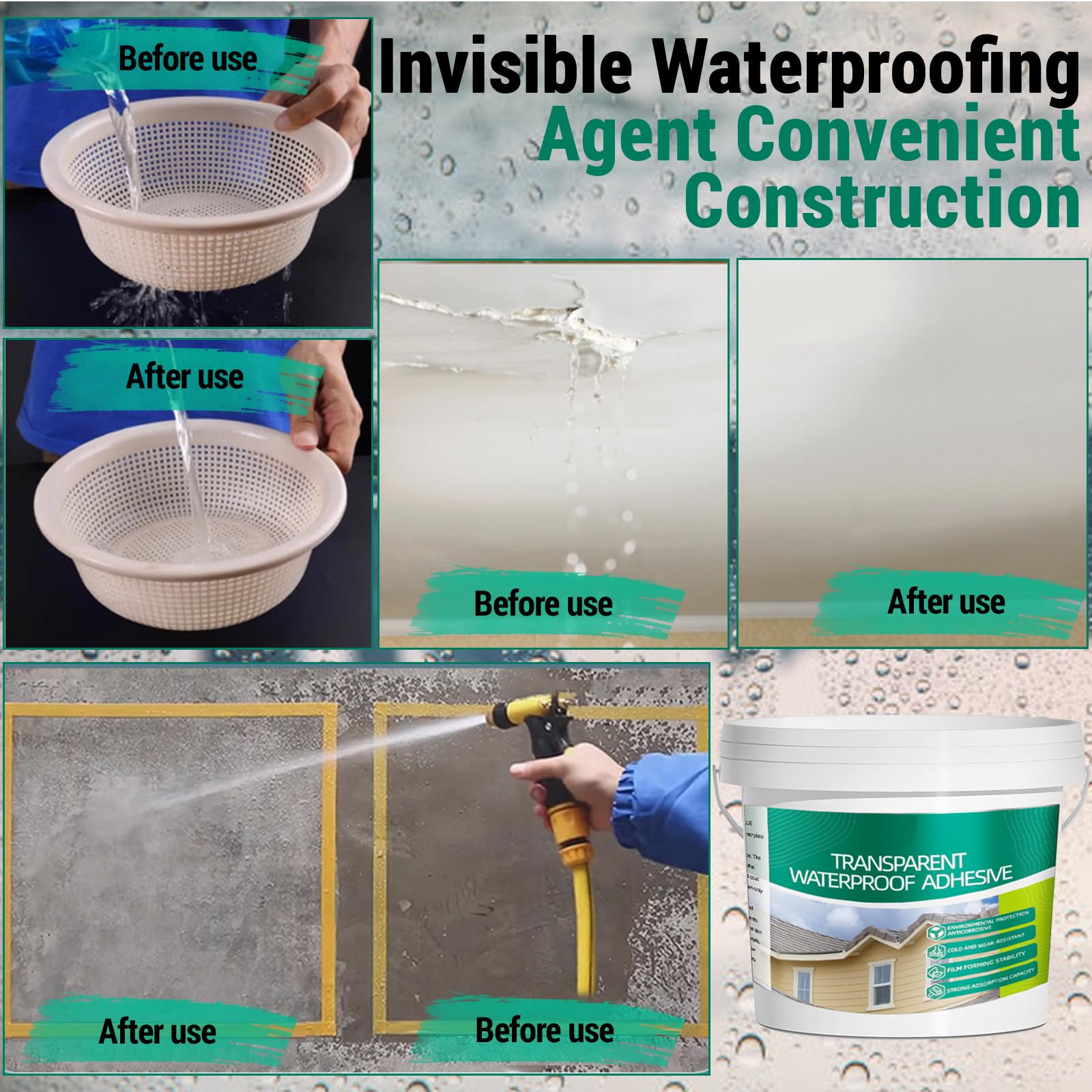 5Kg/202Fl.oz Impermeabilizante Transparente Hidrofugante Invisible Baldosas,Hormigón,Tejados Impermeable Agente Cepillos de Madera,Rascador,Rodillo de Pintura,Guantes de Trabajo