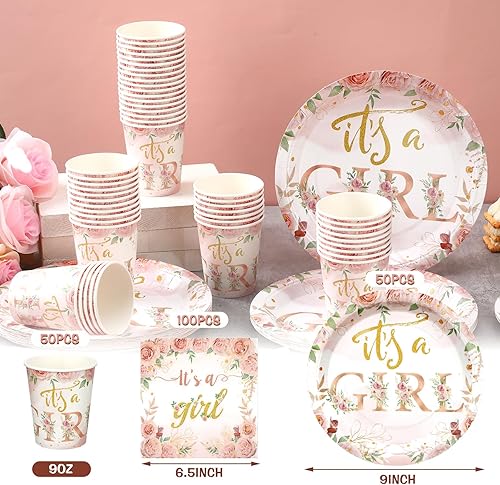 Miniatura 4 de Juego de 200 platos florales de papel para baby shower, servilletas, tazas, suministros de fiesta de baby shower, juego de vajilla desechable de oro