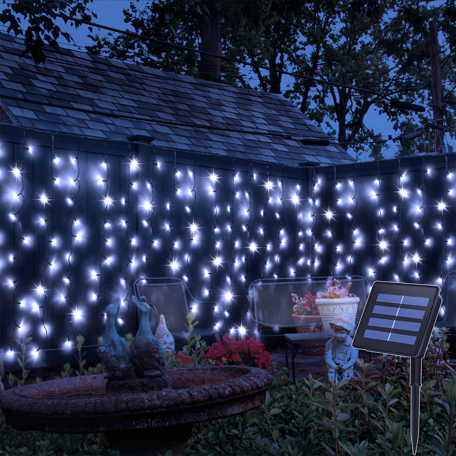 CCILAND Cortina de luces solares para exteriores, 4 m x 1 m, 200 luces LED, alambre verde, cascada, luces de hadas para dormitorio, jardín, patio, cenador, decoración - blanco frío