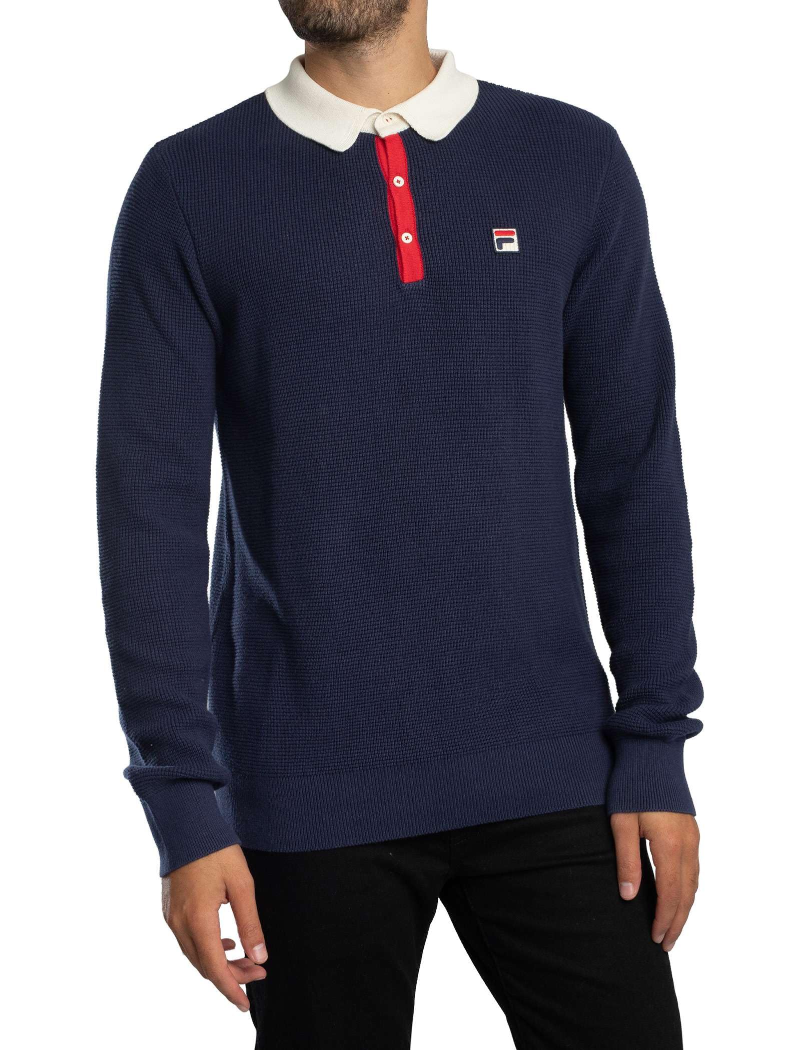 Fila Men's Navy/Gardenia/Red Nowell Waffle Knitted Longsleeved Polo Shirt, L