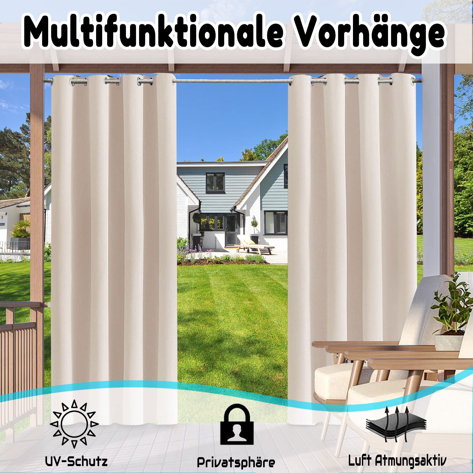 Rideaux D'extérieur, 1 pièce Rideaux dextérieur Imperméables, 24 Couleurs Rideaux Jardin Extérieur Imperméable Isolant Thermique Rideaux, Rideaux dextérieur pour Balcon terrasse, B132xH241CM